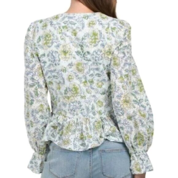 𝅺SEVEN for All Mankind blue floral print Peplum Blouse size Medium - Picture 2 of 16